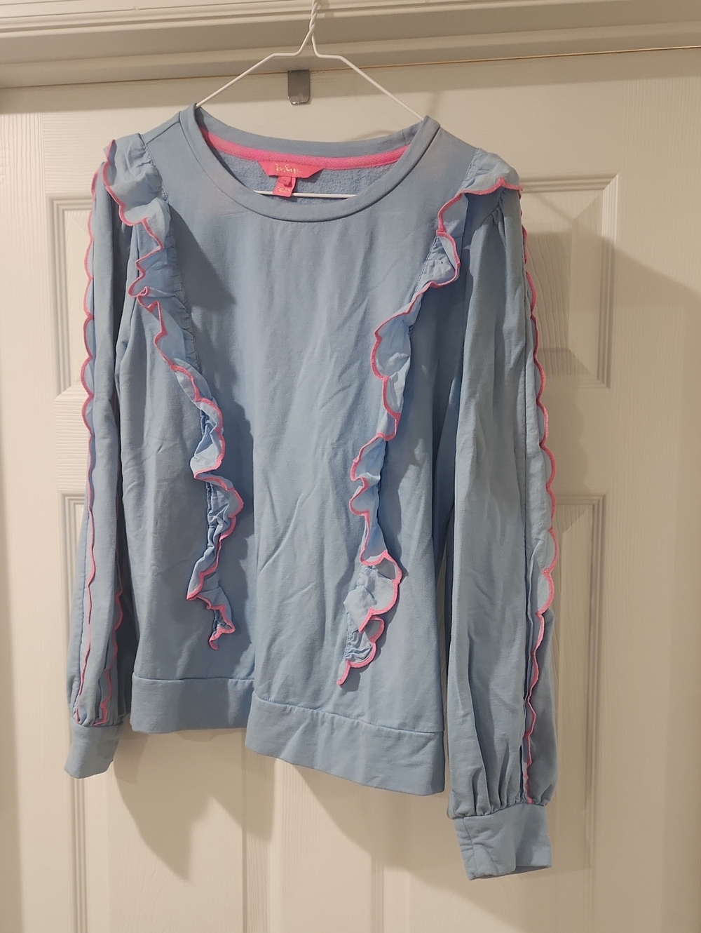 Lilly Pulitzer Light Blue Sweatshirt with Pink Ruffle Trim